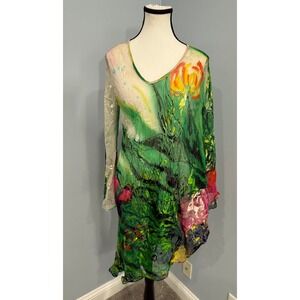 VTG Simply Silk Size L Floral Asymmetrical Hand Painted Tunic Wearable Art Boho